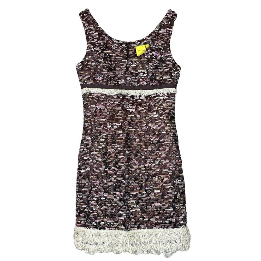 Aysha Tweed Knit Fringe Metallic Shimmer Cocktail Dress Brown Pink Ivory Size 2
